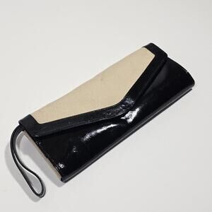 Hobo International Black Patent Leather Black Beige Canvas Clutch Handbag Mirror